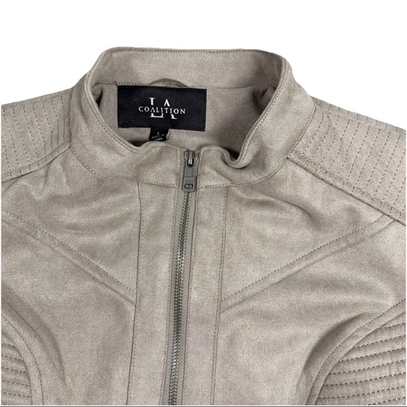 LA Coalition Womens Full Zip Vegan Faux Suede Moto Taupe Beige Jacket Large - Picture 4 of 14